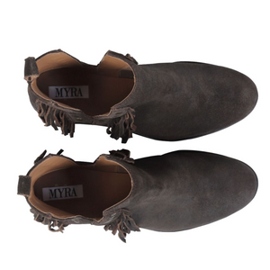 MYRA Women's Chocolate Brown Suede Fringe Cyno Booties - Dudes Boutique