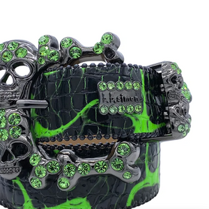 b.b. Simon Electric Slime Green Skull Pile Crystal Belt - Dudes Boutique
