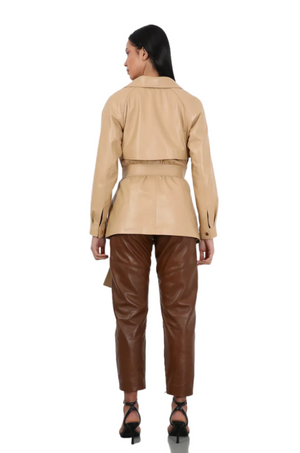 Barya NewYork Ladies Nude Soft Lambskin Double Breasted Belted Short Trench Coat - Dudes Boutique