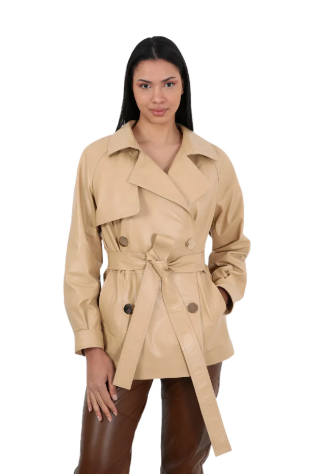 Barya NewYork Ladies Nude Soft Lambskin Double Breasted Belted Short Trench Coat - Dudes Boutique