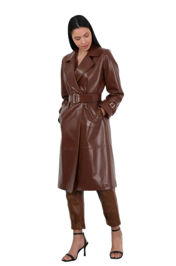 Barya NewYork Ladies Brown Soft Lambskin Double Breasted Belted Trench Coat - Dudes Boutique