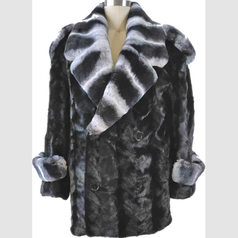 Kashani Black Mink Natural Rex Rabbit Collar Peacoat - Dudes Boutique