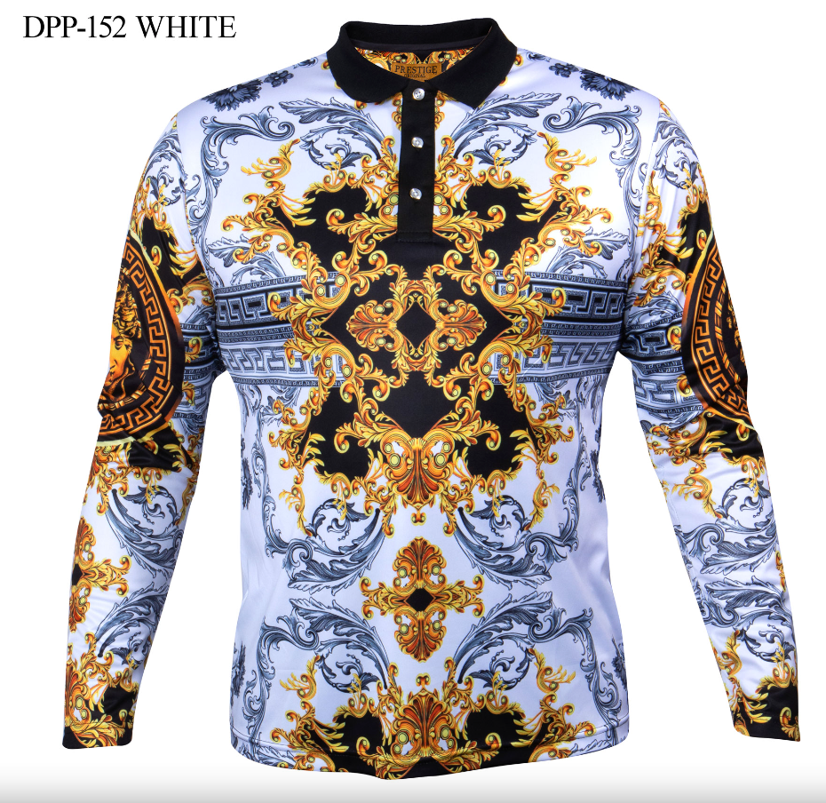 Prestige White/Gold Greek Key Long Sleeve Shirt - Dudes Boutique