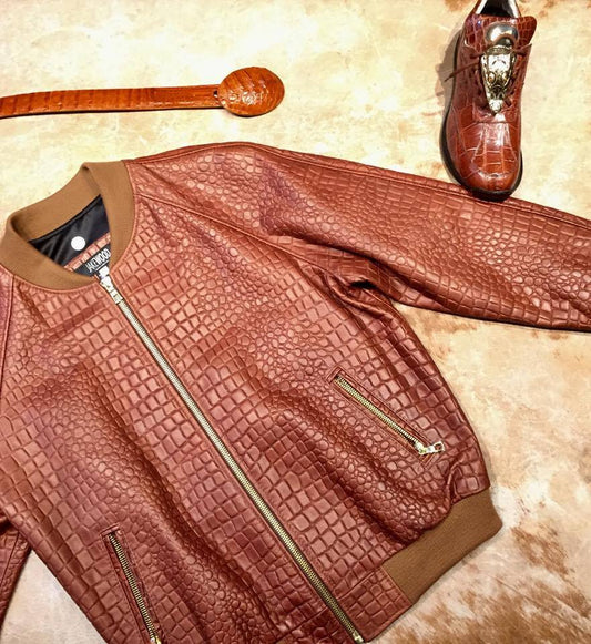 Jakewood cognac alligator embossed bomber jacket
