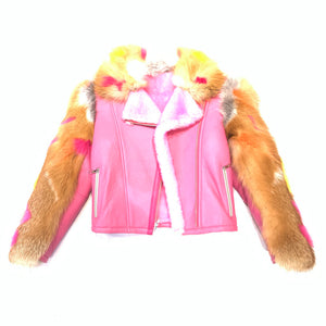 Kashani Women's Pink Shearling Fox Fur Sleeve Biker Jacket - Dudes Boutique
