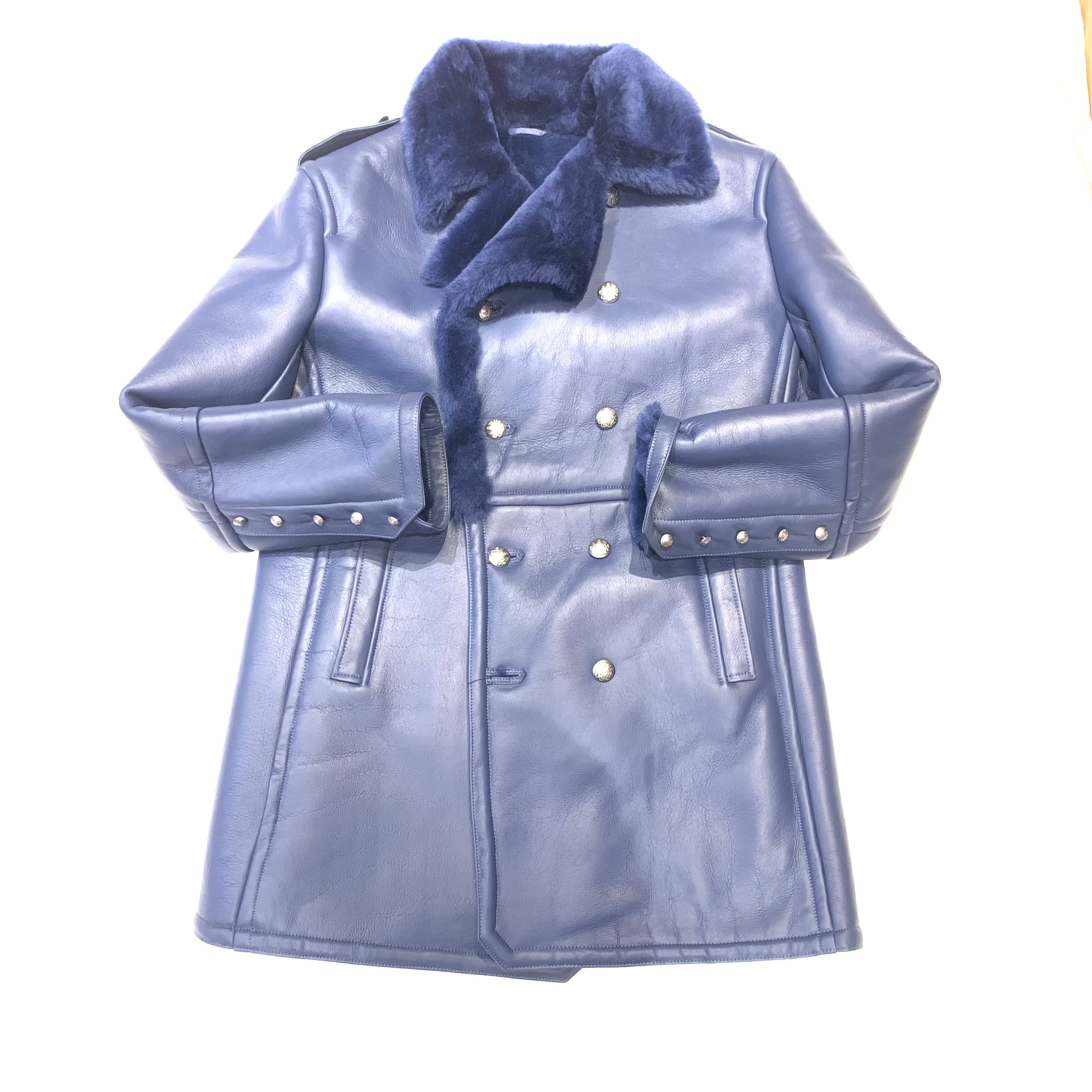 Kashani Men's Navy Blue Double-Breasted 3/4 Shearling Coat - Dudes Boutique