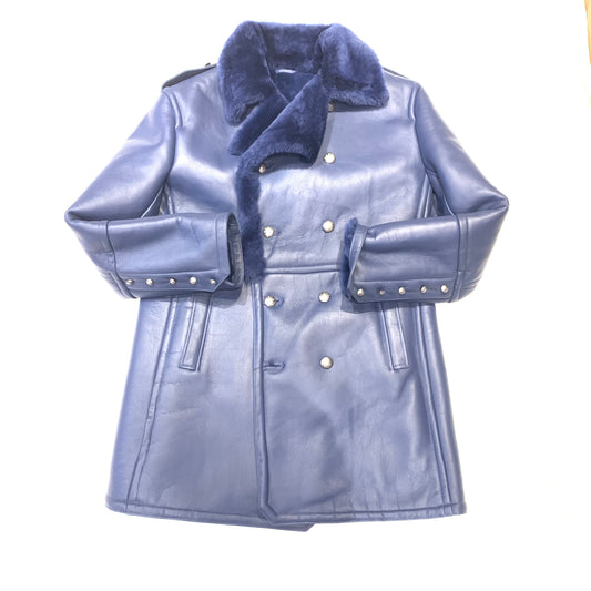 Kashani Men's Navy Blue Double-Breasted 3/4 Shearling Coat - Dudes Boutique