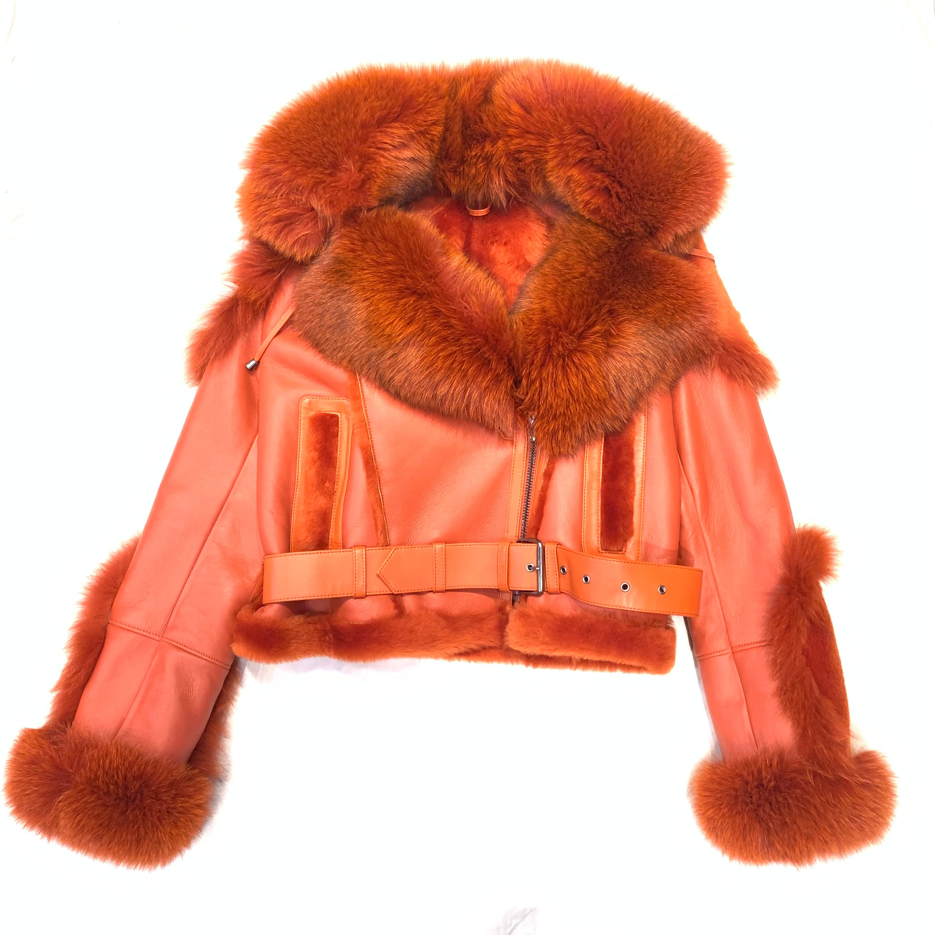 Kashani Ladies Burnt Orange Biker Fox Shearling Coat - Dudes Boutique