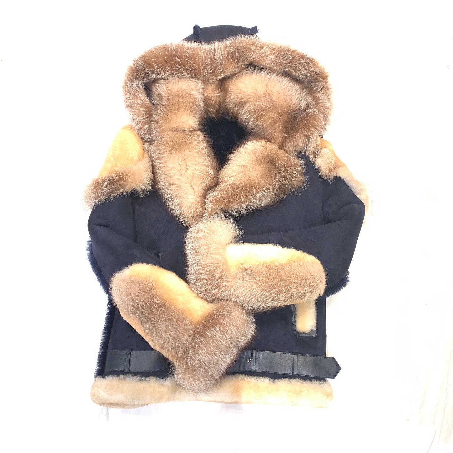 Kashani Men's Navy Blue Over Sized Fox Fur Collar/ Hooded Shearling Jacket - Dudes Boutique