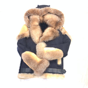 Kashani Men's Navy Blue Over Sized Fox Fur Collar/ Hooded Shearling Jacket - Dudes Boutique