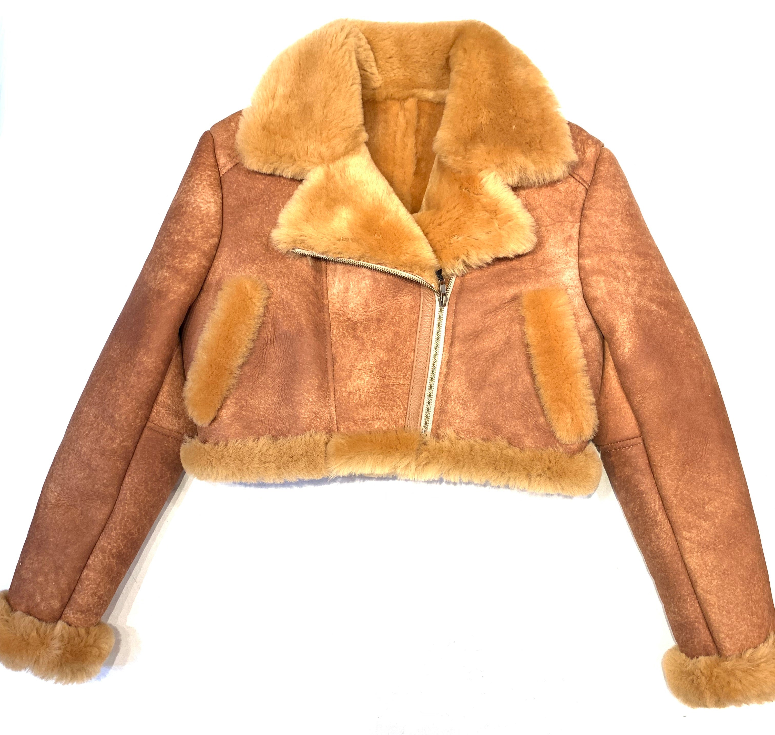 Kashani Ladies Whisky Cropped Shearling Biker Jacket - Dudes Boutique