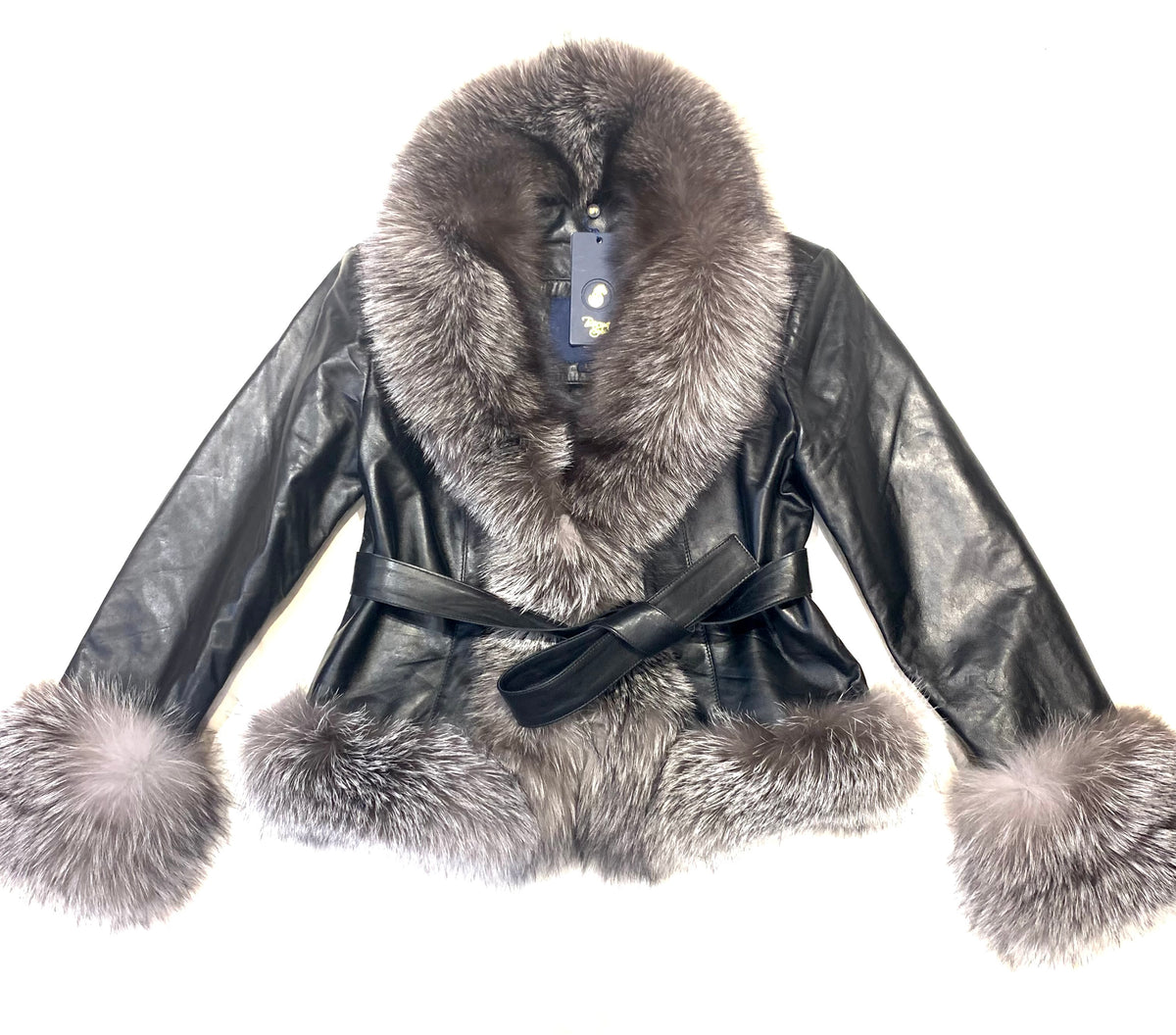Barya NewYork Ladies Oversize Fox Collar Black Lambskin Jacket - Dudes Boutique