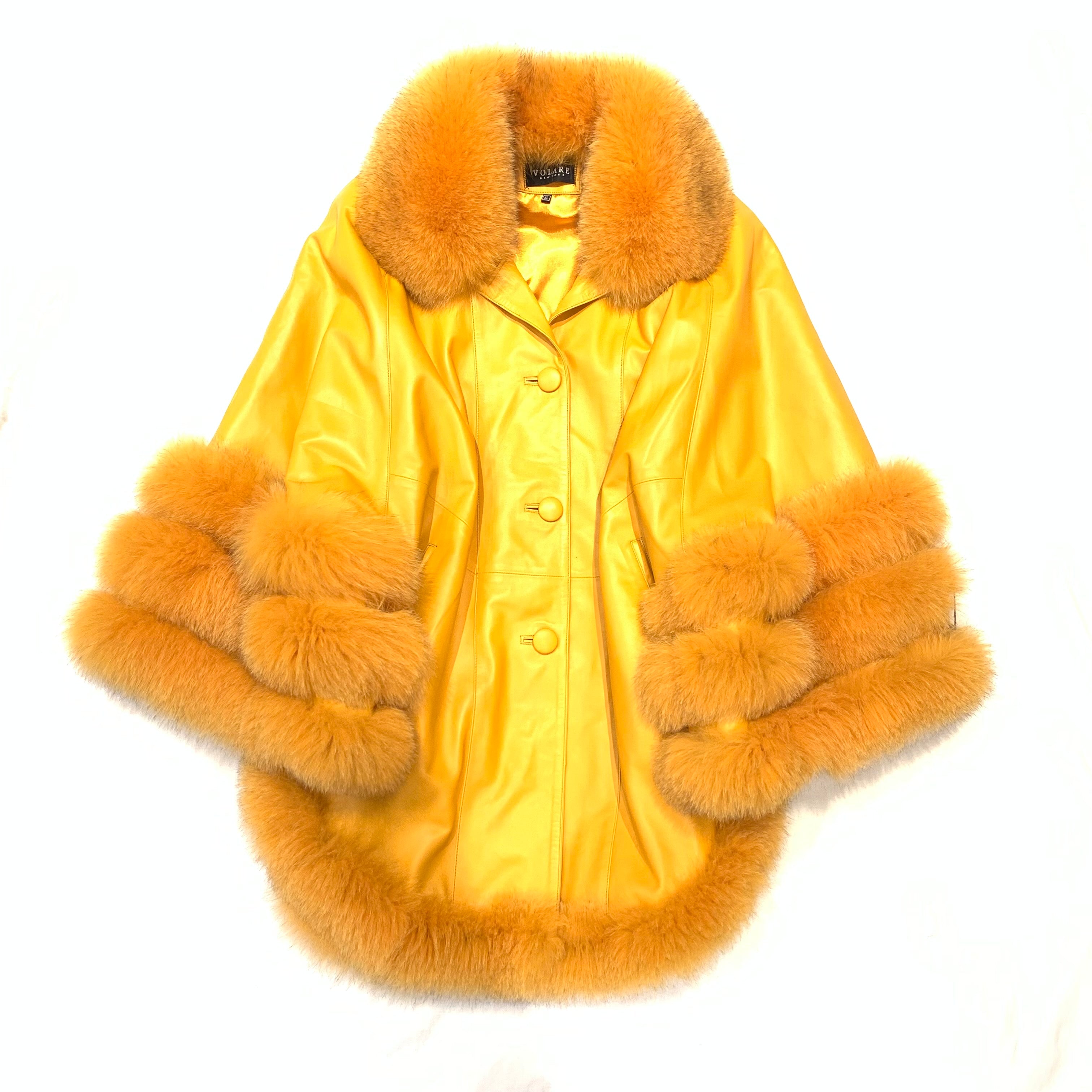 Volare Ladies Canary Yellow Lambskin/Fox Fur Poncho - Dudes Boutique