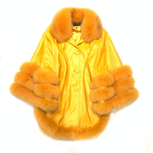 Volare Ladies Canary Yellow Lambskin/Fox Fur Poncho - Dudes Boutique