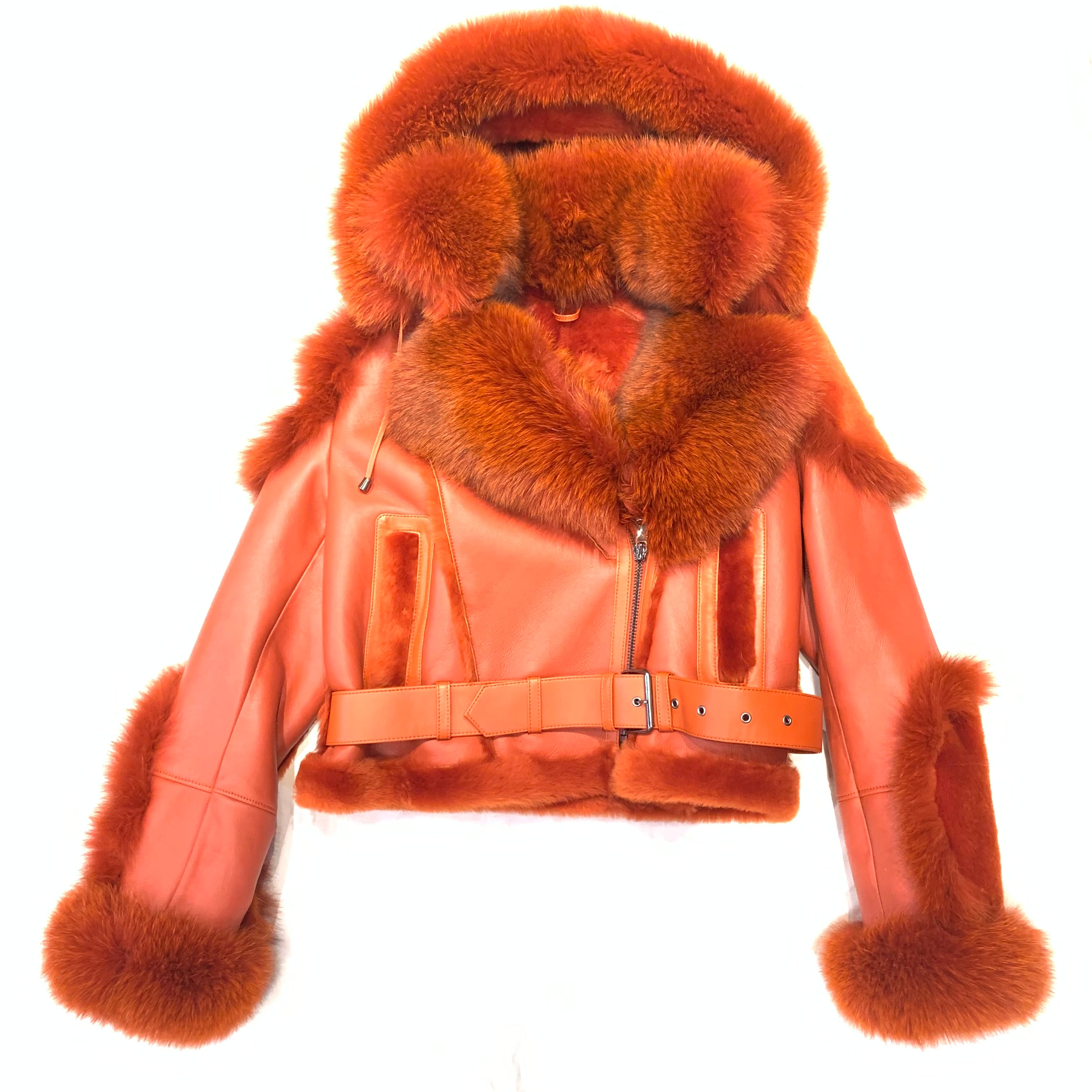 Kashani Ladies Burnt Orange Biker Fox Shearling Coat - Dudes Boutique
