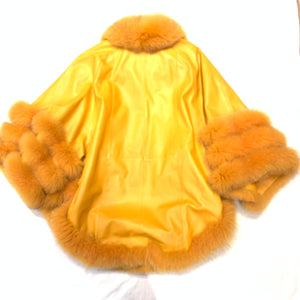 Volare Ladies Canary Yellow Lambskin/Fox Fur Poncho - Dudes Boutique