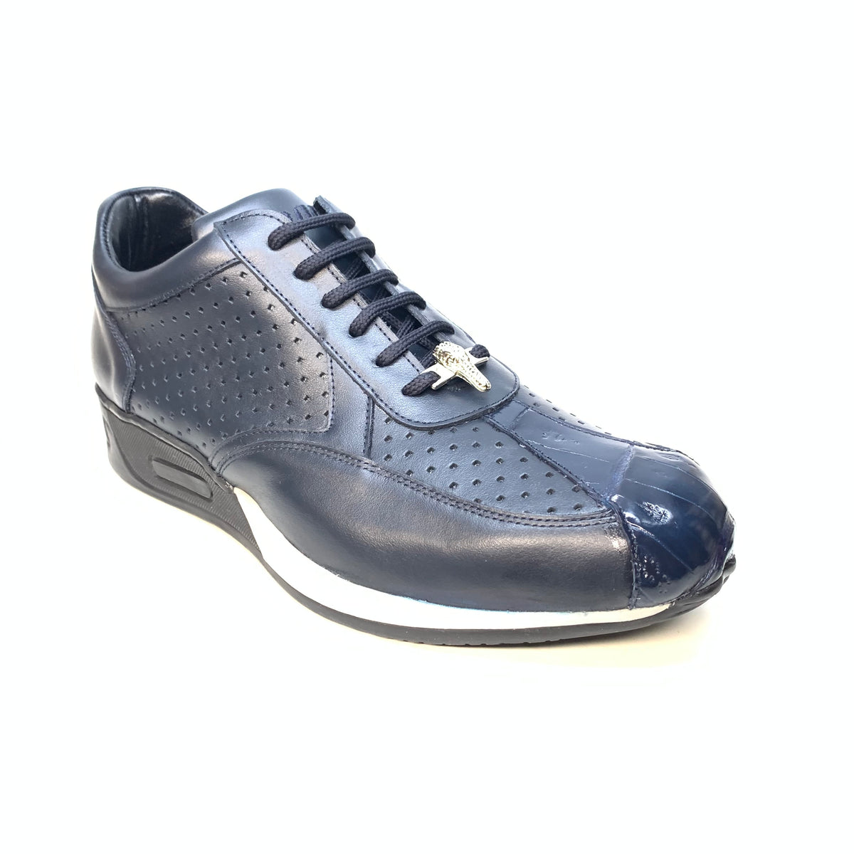 Mauri M770 Navy Crocodile Perforated Nappa Leather Sneakers - Dudes Boutique