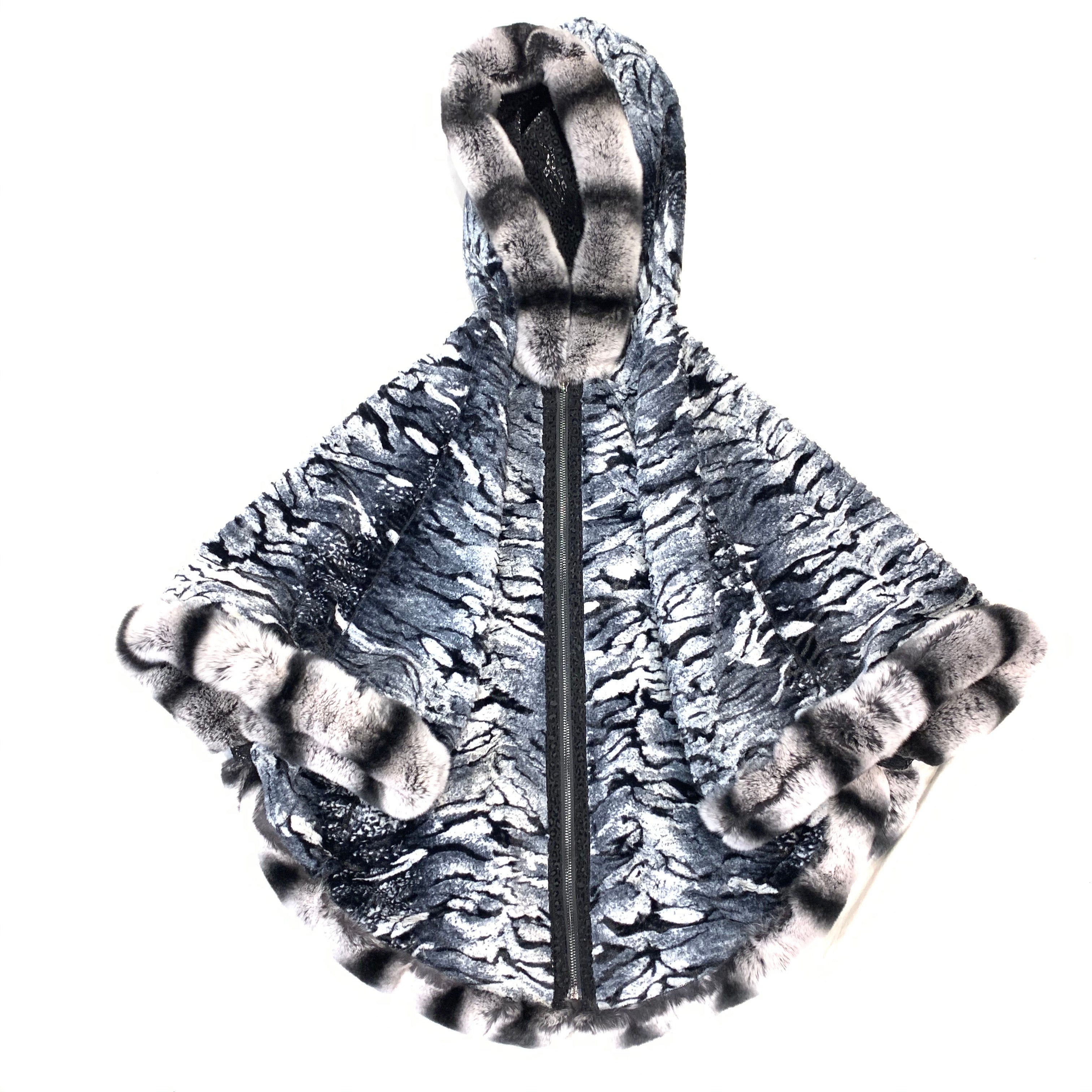 Barya NewYork Ladies Rex Rabbit Chinchila Reversible Zipper Poncho - Dudes Boutique