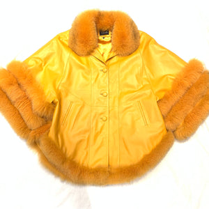 Volare Ladies Canary Yellow Lambskin/Fox Fur Poncho - Dudes Boutique