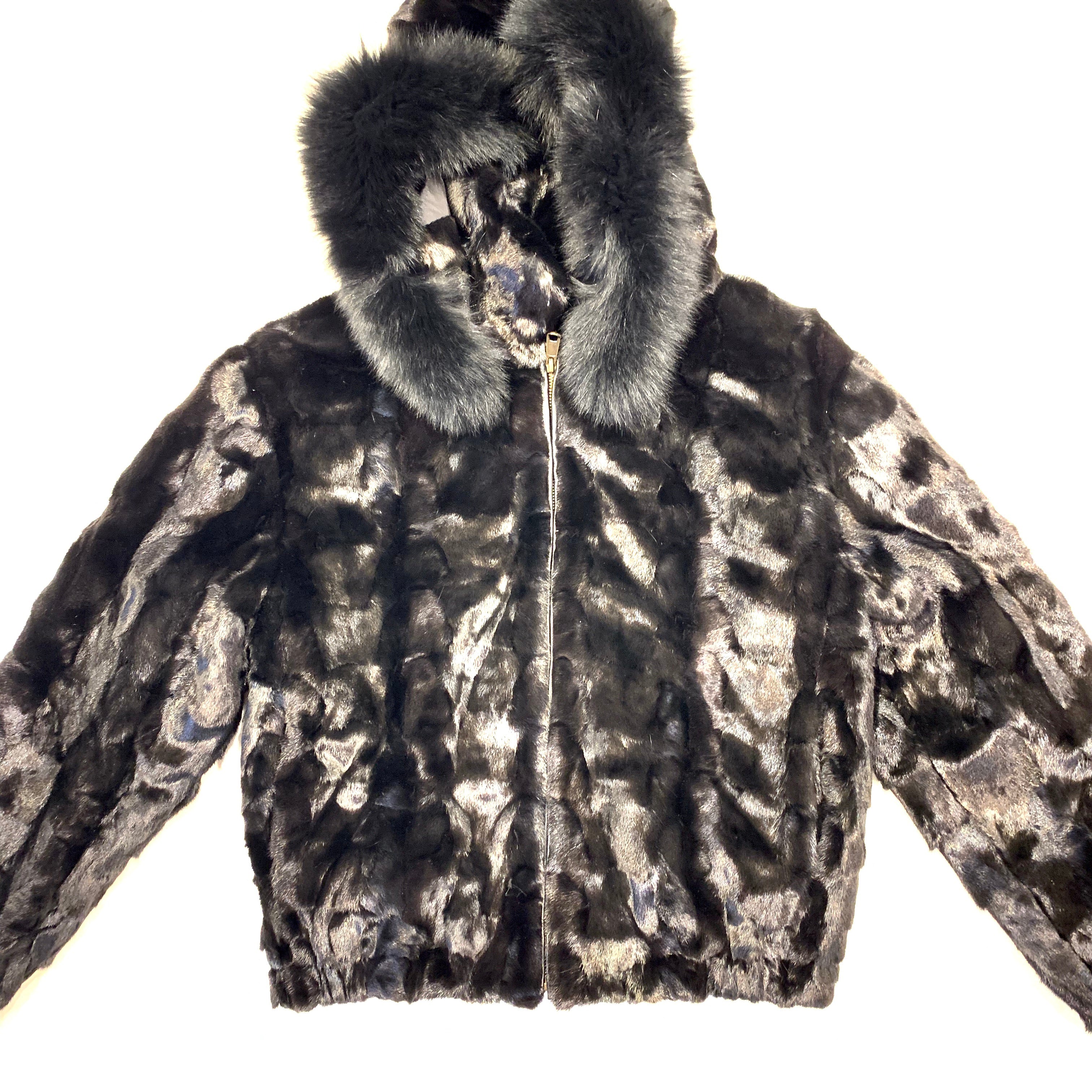Kashani Ladies Black Diamond Cut Mink Hooded Bomber Jacket - Dudes Boutique