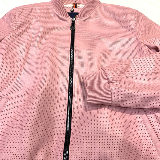 Kashani Baby Pink Perforated Lambskin Bomber Jacket - Dudes Boutique