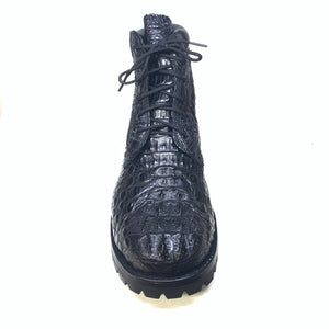Safari Black All-Over Crocodile Horn-back Combat Boots - Dudes Boutique