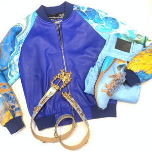 Kashani Men's Two Tone Ocean Blue Lambskin Varsity Jacket - Dudes Boutique