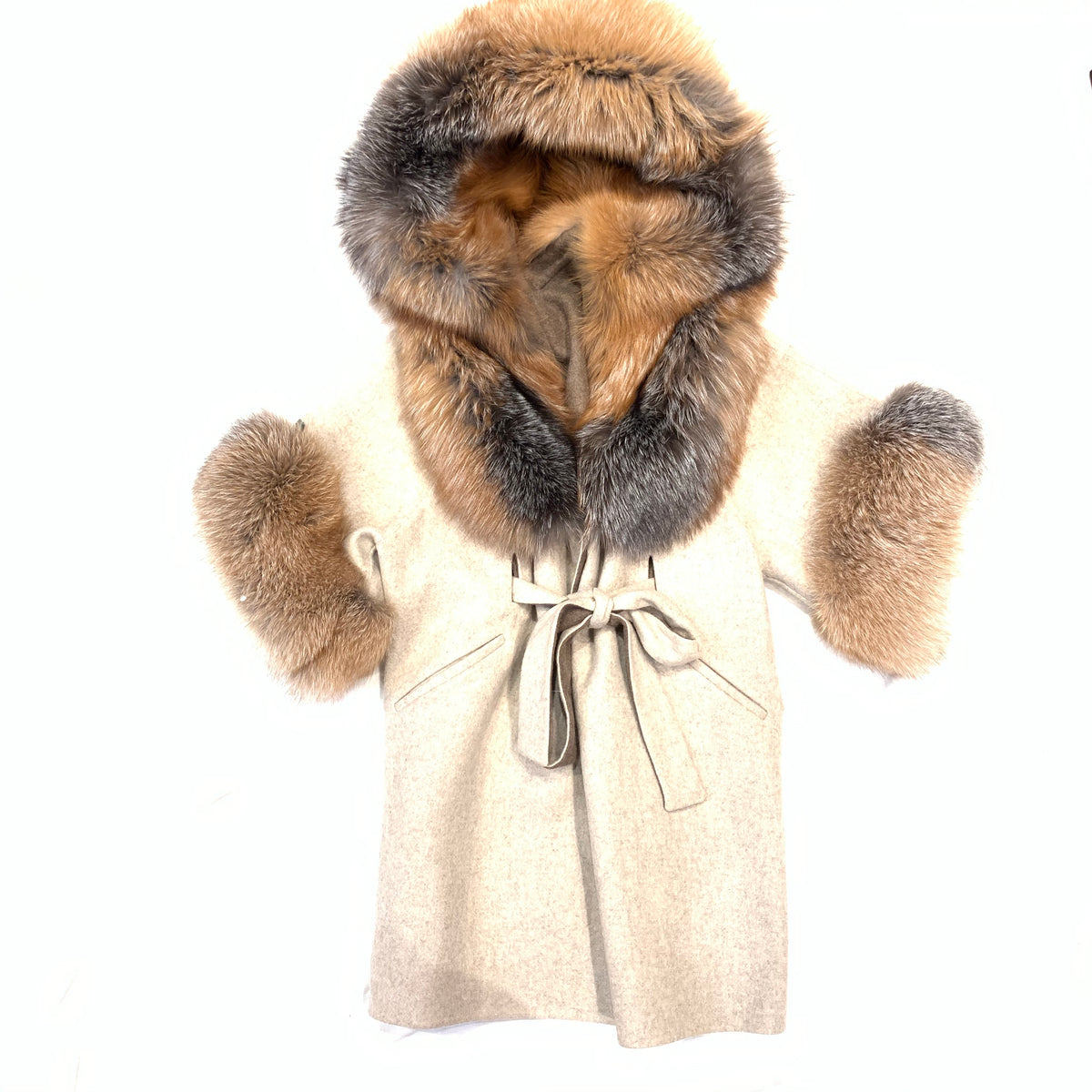 Barya NewYork White Wool Hooded Red Fox Fur 3/4 Poncho Coat - Dudes Boutique