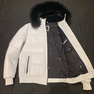 Barya NewYork White Quilted Lambskin Black Fox Fur Hooded Bomber Jacket - Dudes Boutique