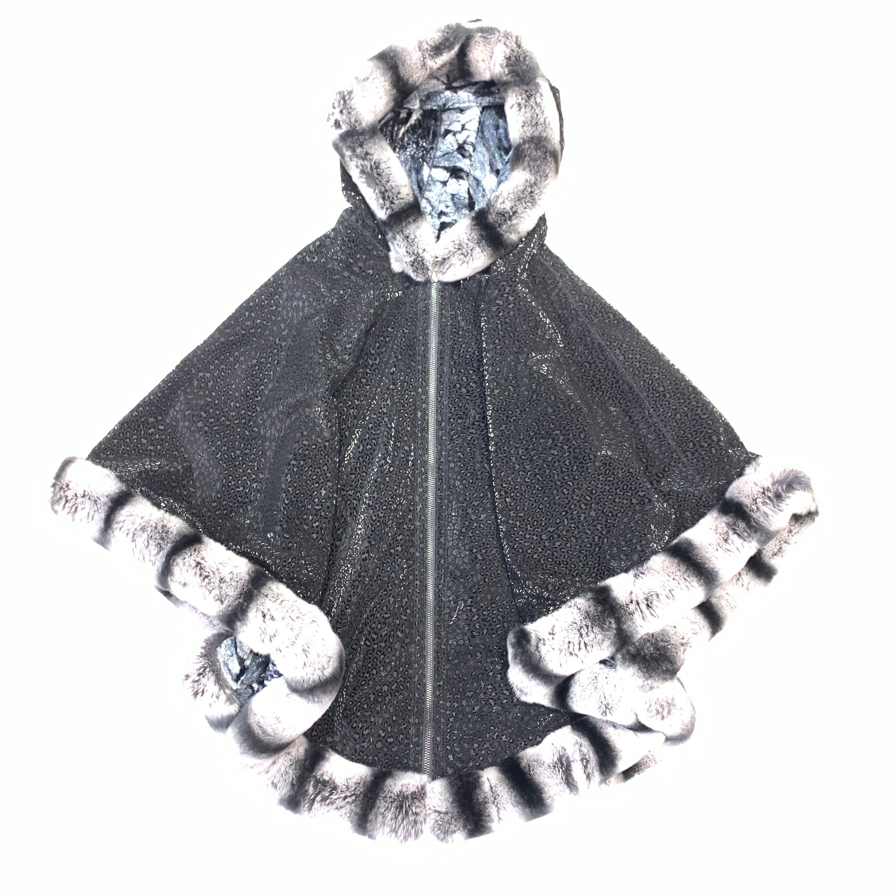 Barya NewYork Ladies Rex Rabbit Chinchila Reversible Zipper Poncho - Dudes Boutique