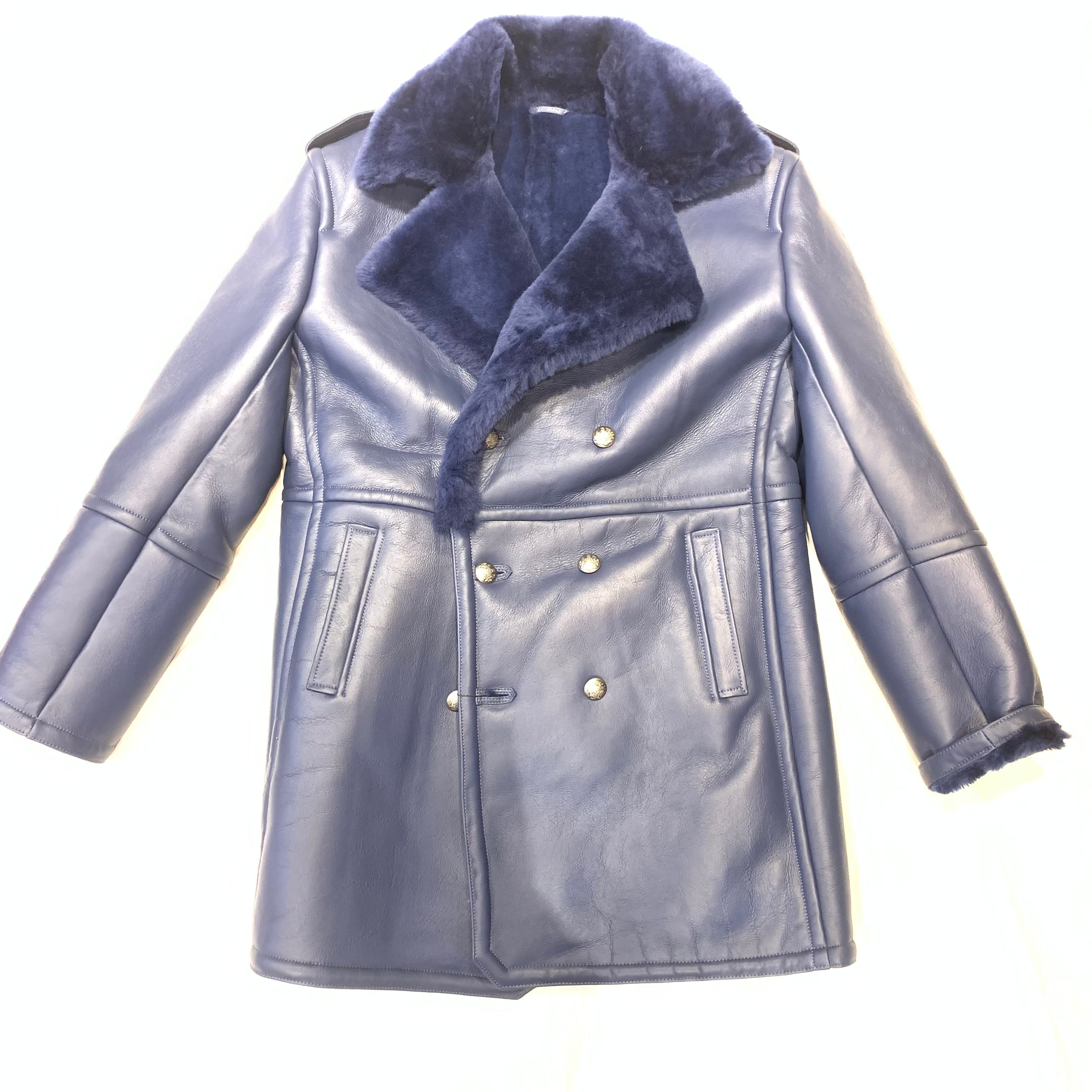 Kashani Men's Navy Blue Double-Breasted 3/4 Shearling Coat - Dudes Boutique