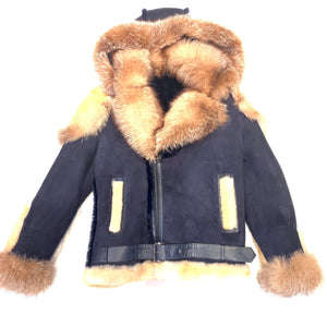 Kashani Men's Navy Blue Over Sized Fox Fur Collar/ Hooded Shearling Jacket - Dudes Boutique