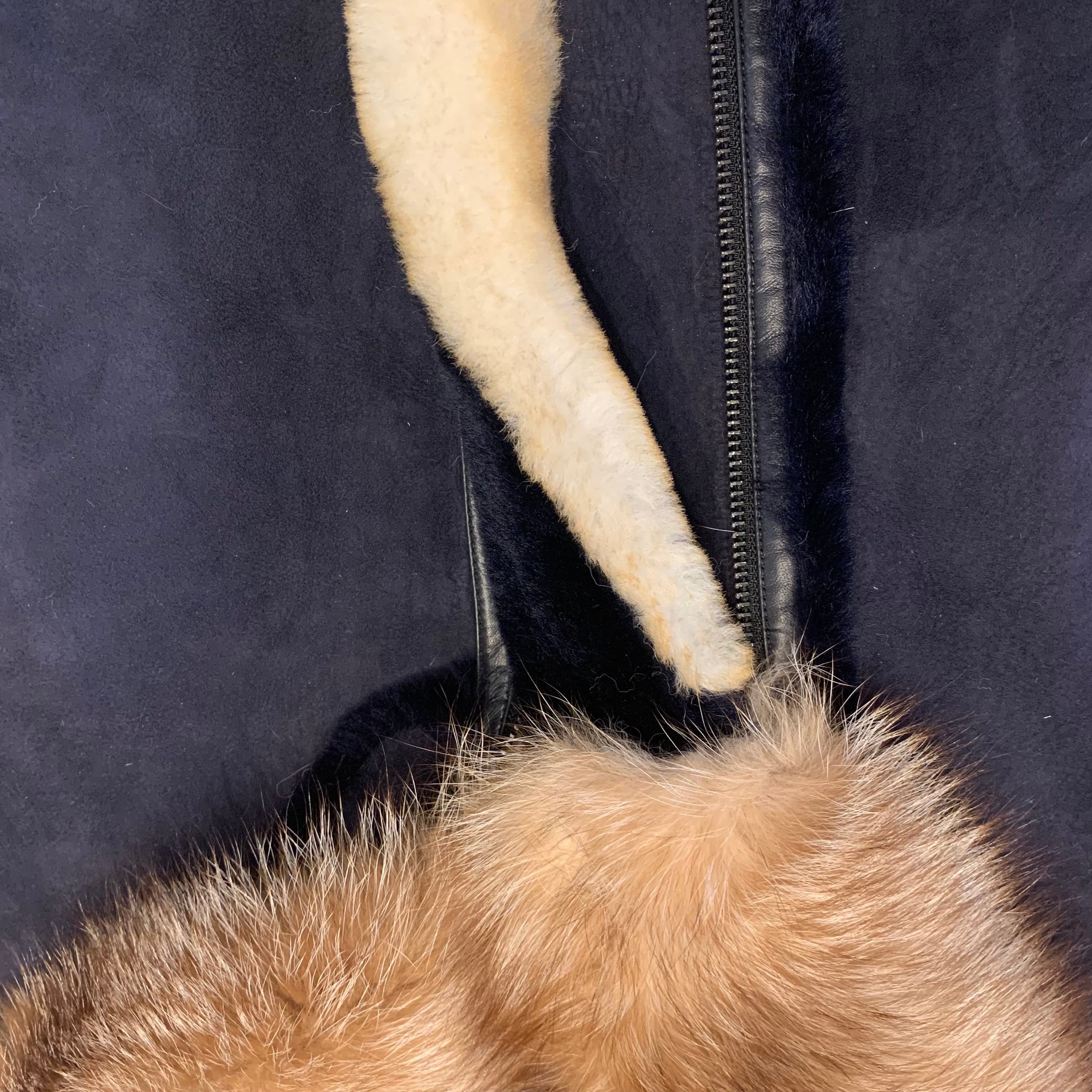 Kashani Men's Navy Blue Over Sized Fox Fur Collar/ Hooded Shearling Jacket - Dudes Boutique