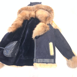 Kashani Men's Navy Blue Over Sized Fox Fur Collar/ Hooded Shearling Jacket - Dudes Boutique