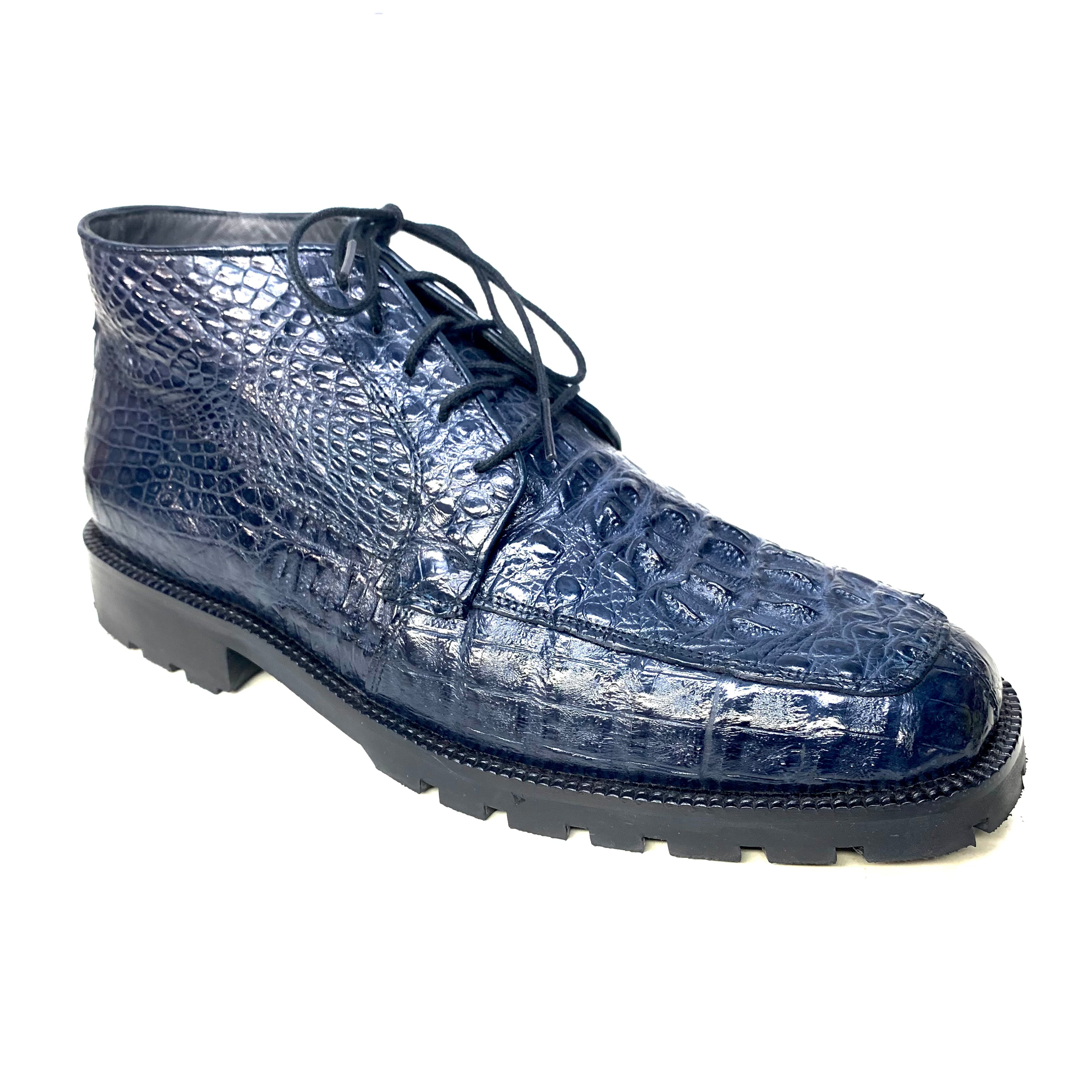 Los Altos Navy Hornback All-Over Crocodile Lace Up Ankle Boots - Dudes Boutique