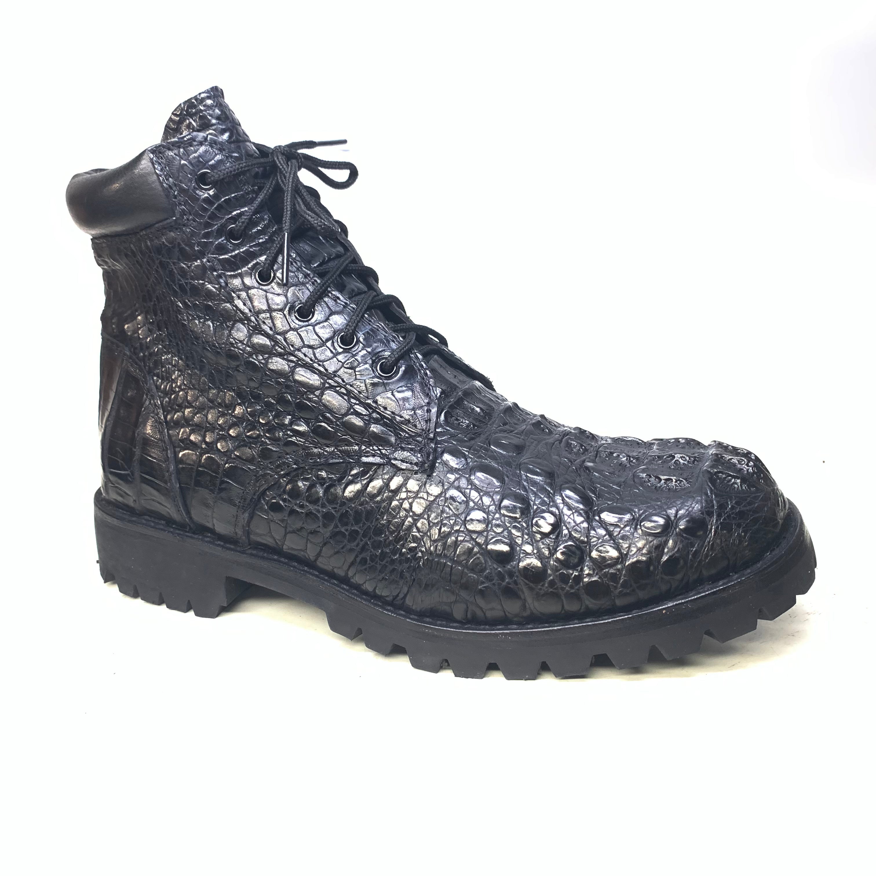 Safari Black All-Over Crocodile Horn-back Combat Boots - Dudes Boutique