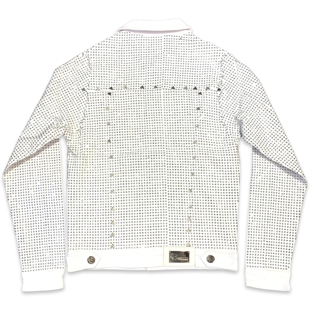 Barocco Men's White Fully Loaded Crystal Spiked Jean Jacket - Dudes Boutique