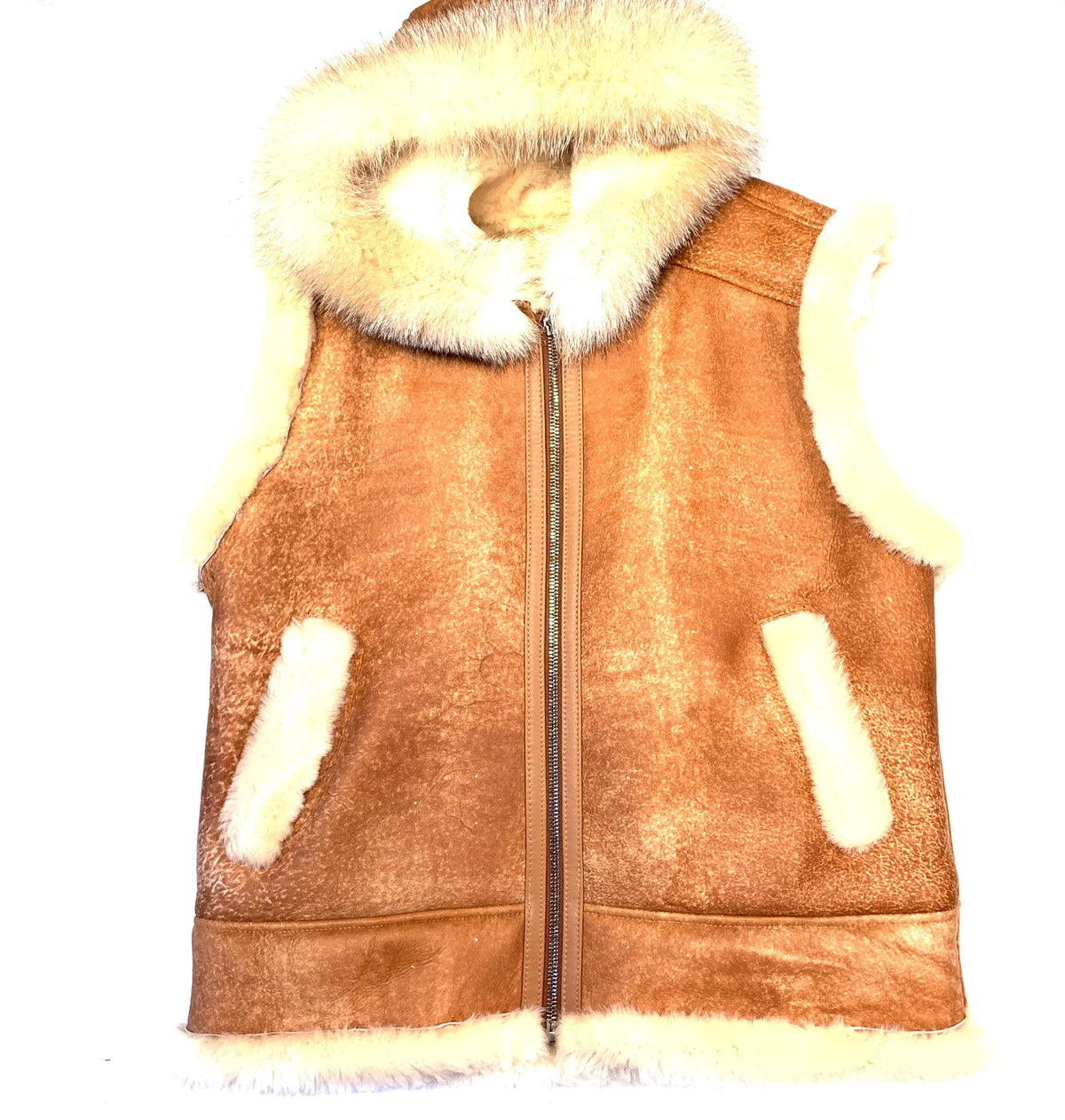 Kashani Cognac Fox Fur Hooded Shearling Vest - Dudes Boutique