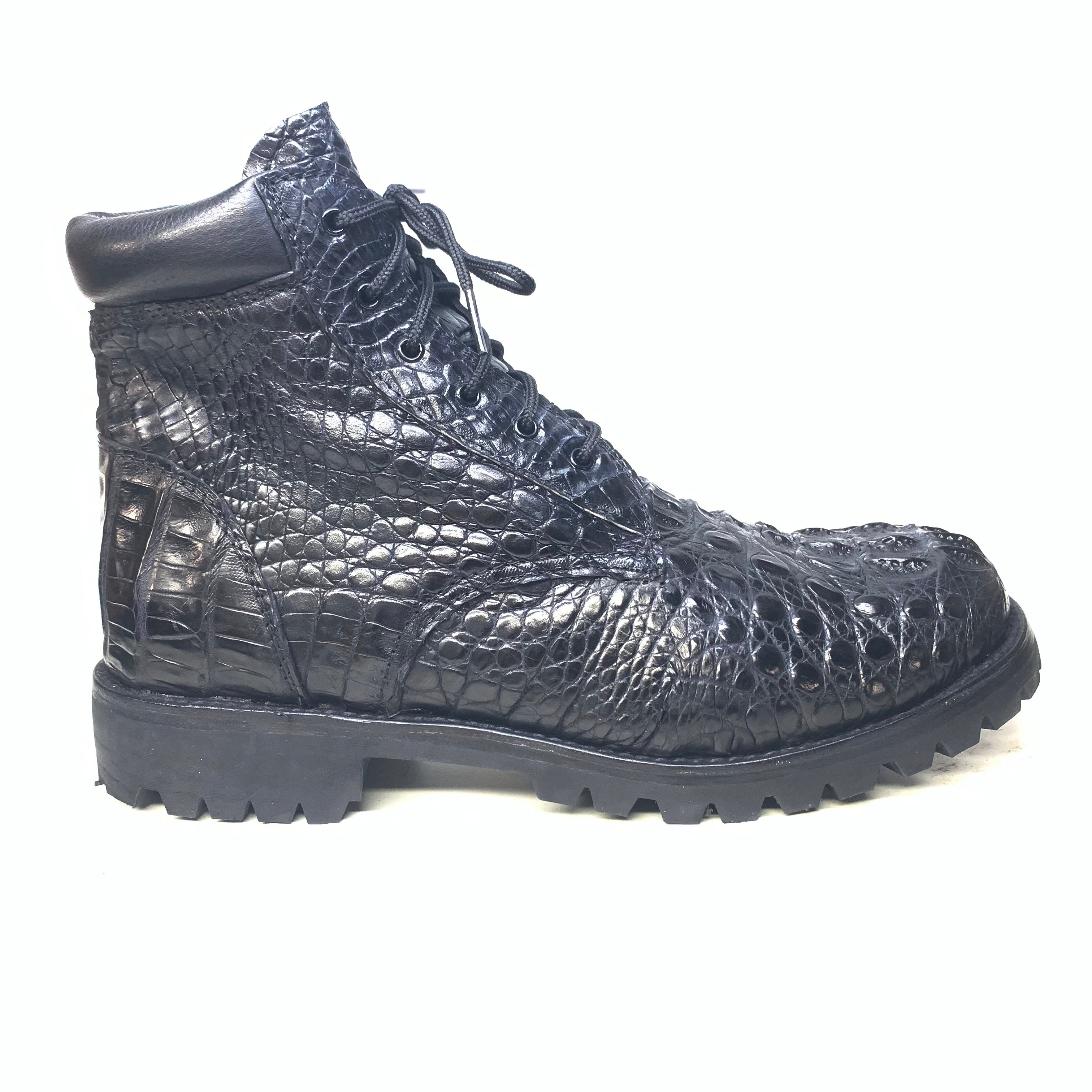 Safari Black All-Over Crocodile Horn-back Combat Boots - Dudes Boutique