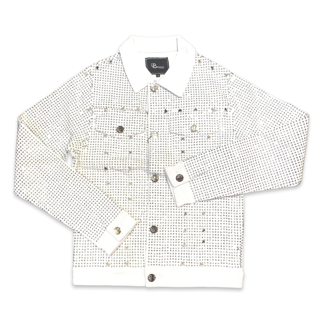 Barocco Men's White Fully Loaded Crystal Spiked Jean Jacket - Dudes Boutique