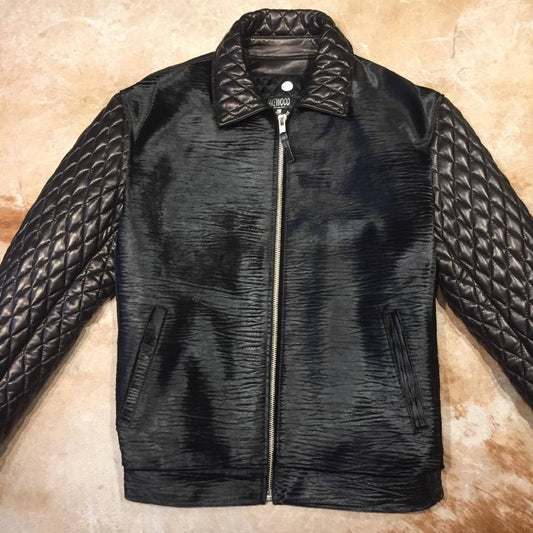 Kashani midnight black quilted pony hair and lambskin bomber jacket