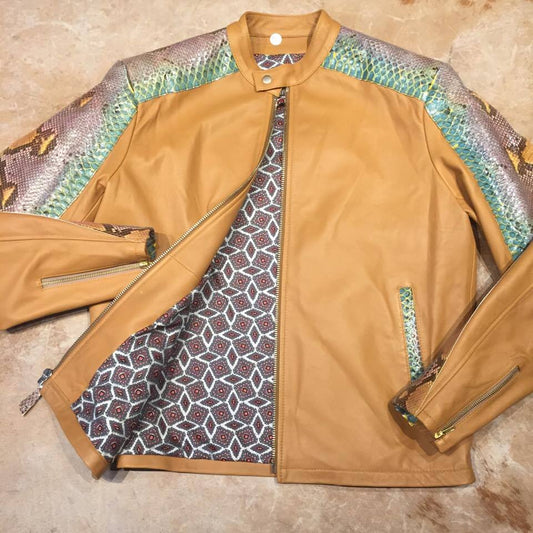 Kashani iridescent python snake skin bomber jacket in peanut