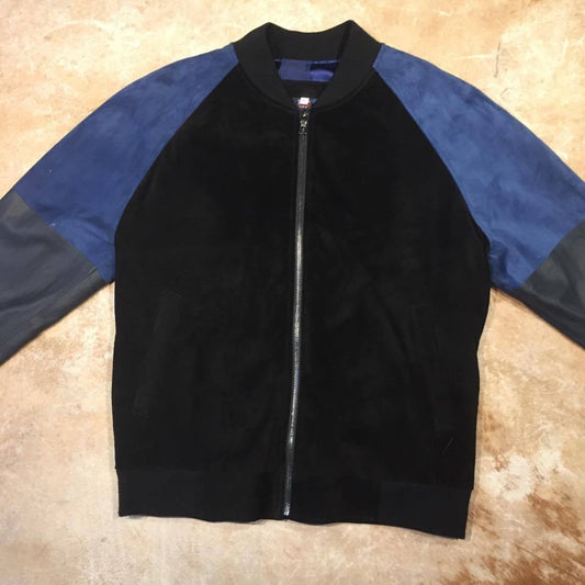 Jakewood Jungle black and blue three-tone gradient suede bomber jacket