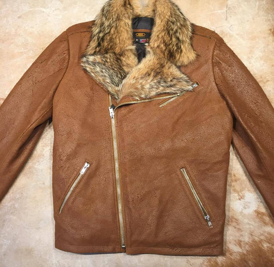 Kashani whiskey rough suede moto biker jacket with coyote fur