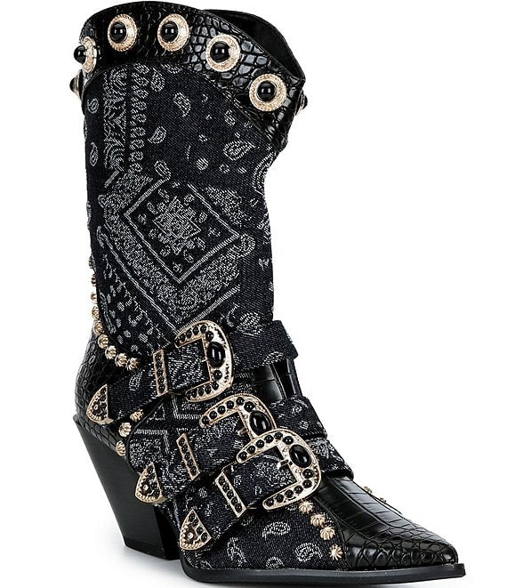 Azalea Wang Balmoral Bandana Print Denim Western Boots