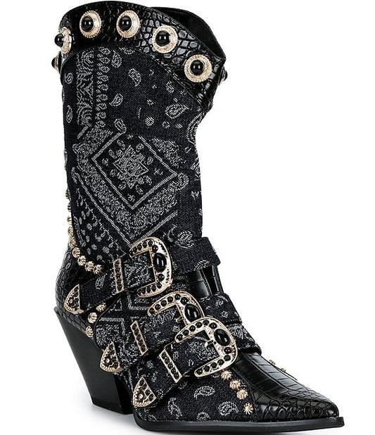 Azalea Wang Balmoral Bandana Print Denim Western Boots