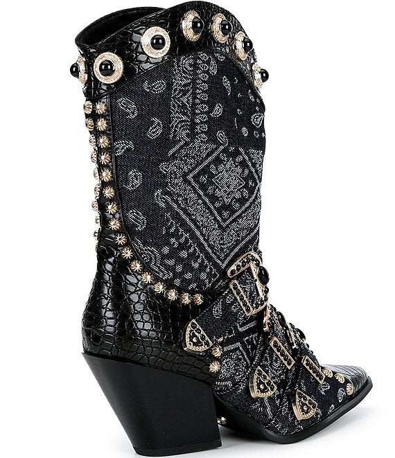 Azalea Wang Balmoral Bandana Print Denim Western Boots