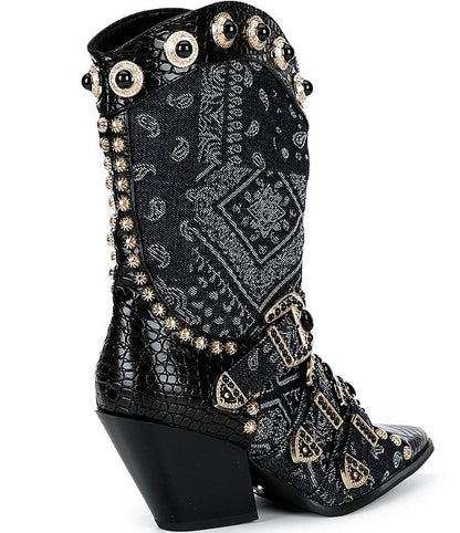 Azalea Wang Balmoral Bandana Print Denim Western Boots