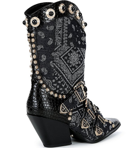 Azalea Wang Balmoral Bandana Print Denim Western Boots
