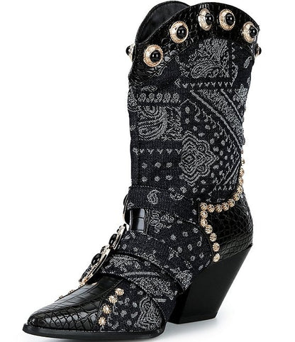 Azalea Wang Balmoral Bandana Print Denim Western Boots